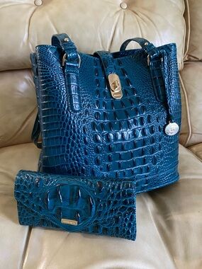 LKNW Brahmin Juniper Fiora Bucket & Veronica Wallet Teal Melbourne Leather Set